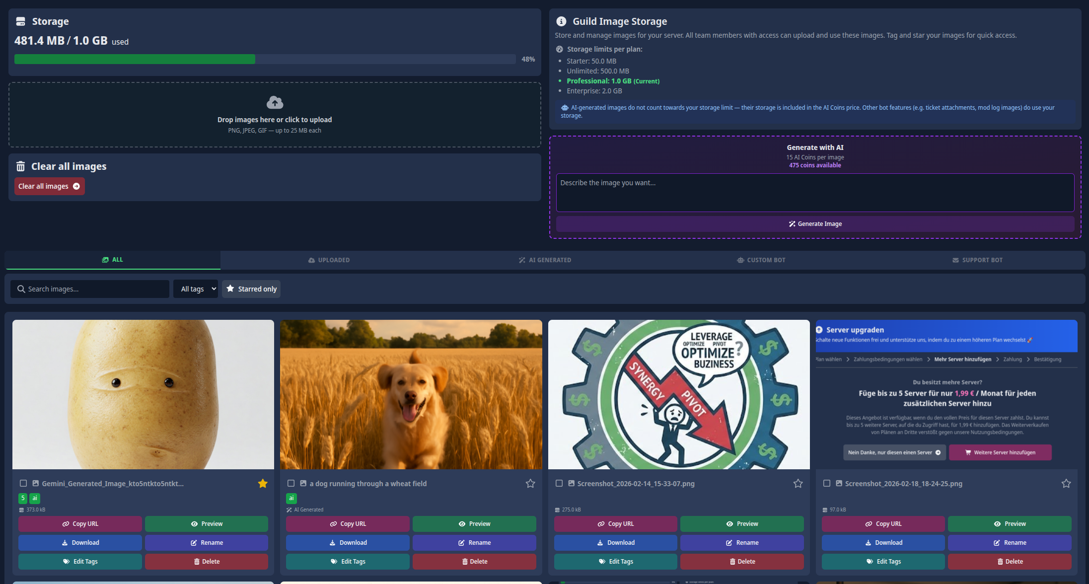 Screenshot der Server-Bilderspeicher-Galerie, der hochgeladene Bilder und den Speicher-Fortschrittsbalken zeigt