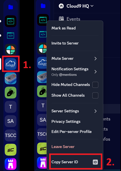 Screenshot showing how to right-click a server icon to copy the Server ID